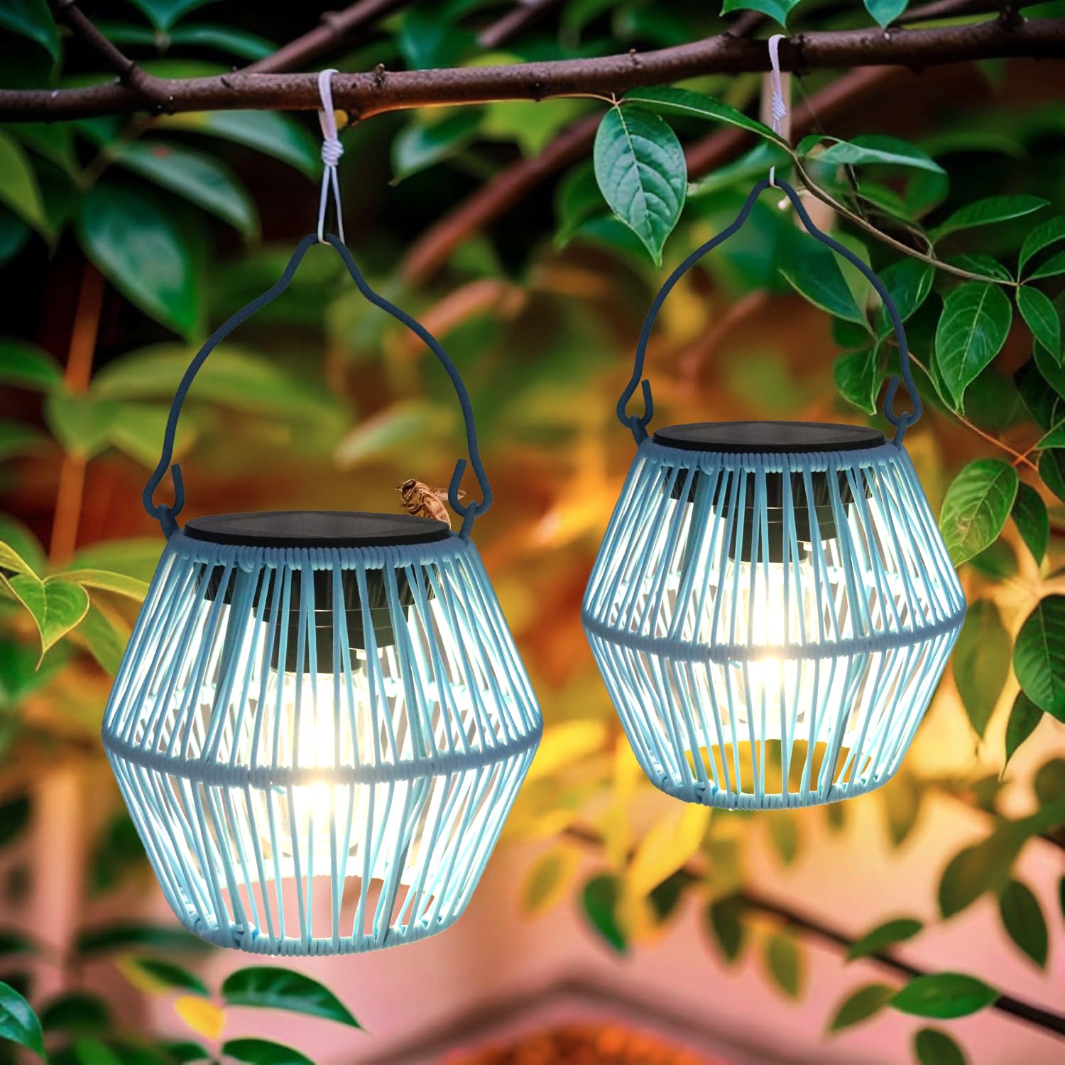Lampade solari per esterni, da appendere, 2 lanterne solari per esterni, con lampadina a LED, IP65, impermeabili, a maglia a mano, lanterna per prato, terrazza, balcone, giardino, blu decorativo