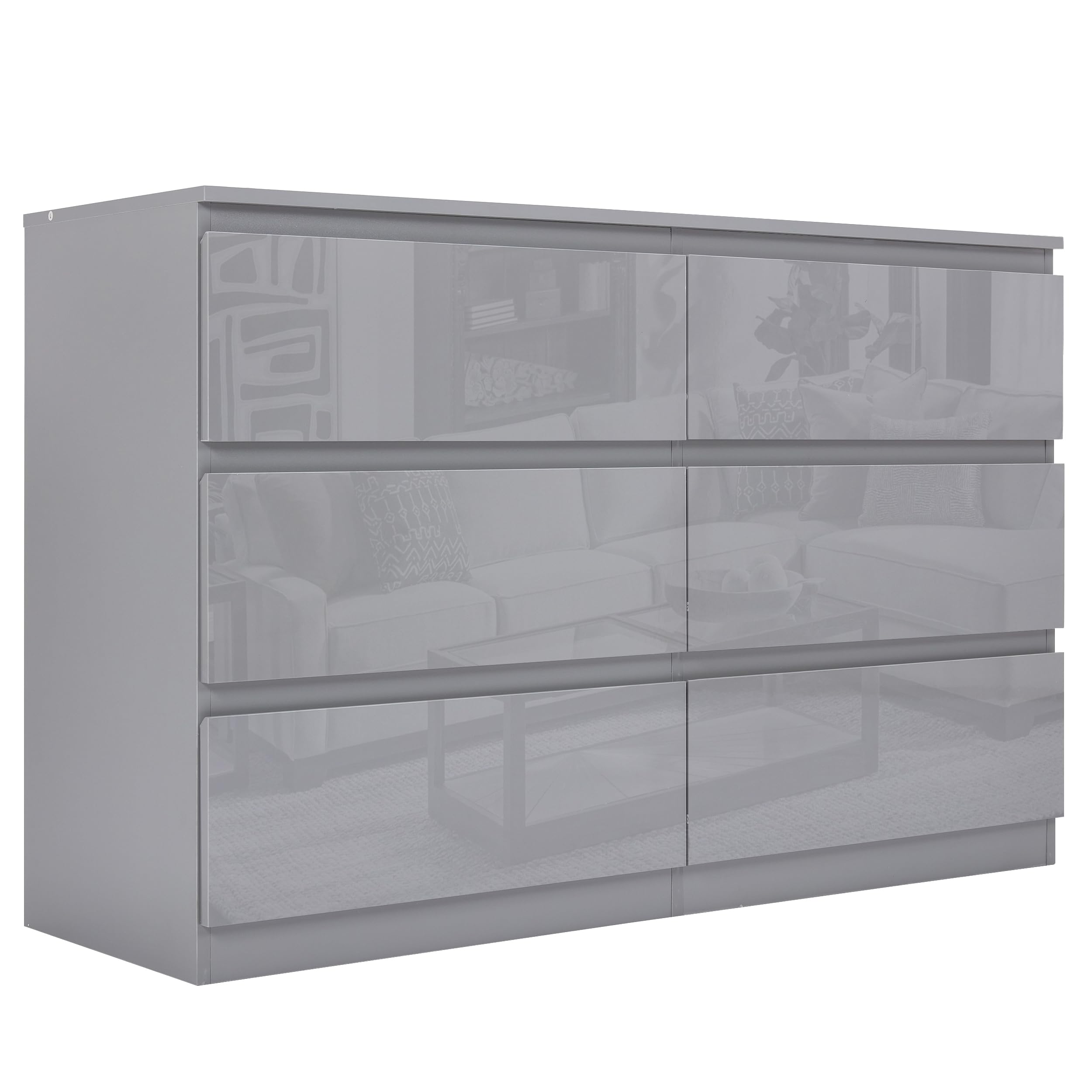 Blisswood High Gloss Chest of Drawer, 6 Drawer Bedroom Chest of Drawer Bedside Table Cabinet for Bedroom Living room Furniture, Grey, 120W x 40D x 77H cm