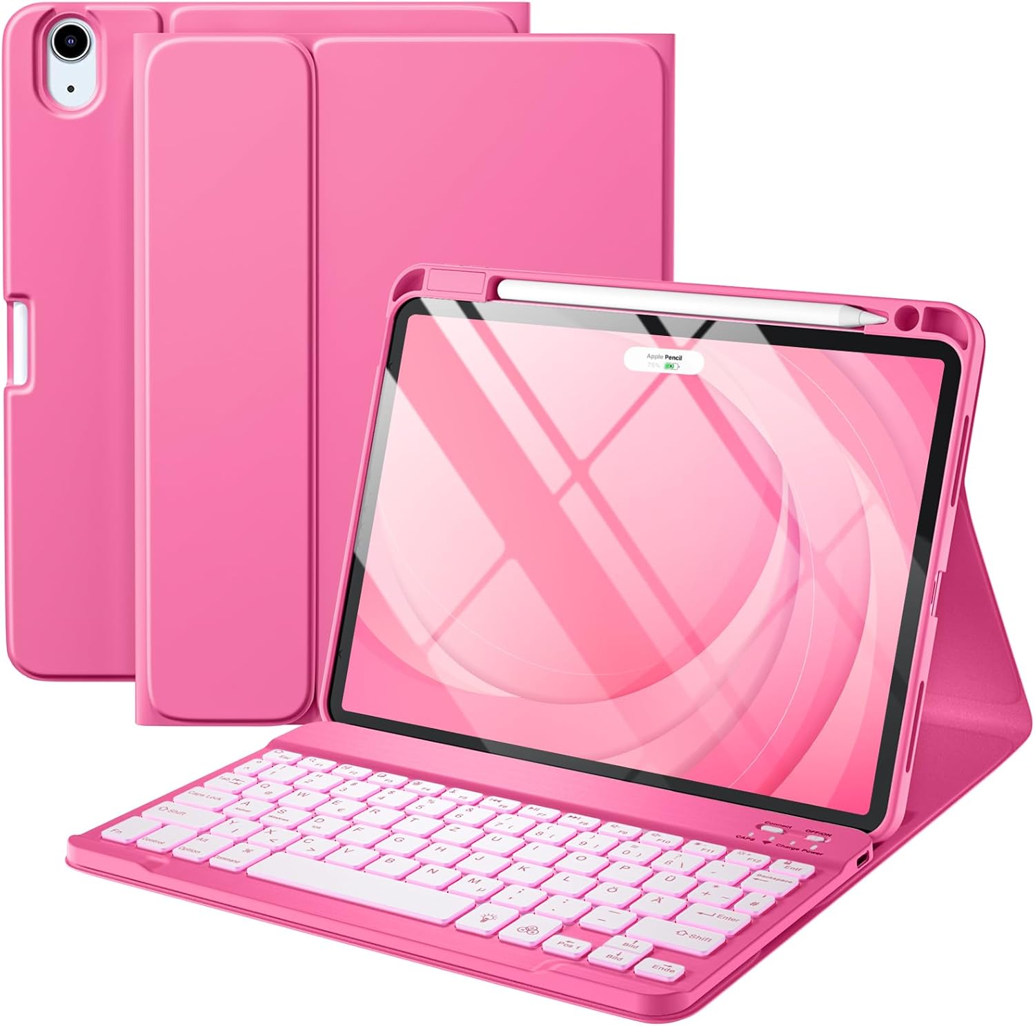 Compatible for iPad Air 11 Inch/Air 5th 4th Generation Case with Keyboard - Folio Keyboard Cover with Pencil Holder for iPad Air 11-inch M3/M2 (2025/2024), Air 5/Air 4 (Hot Pink)