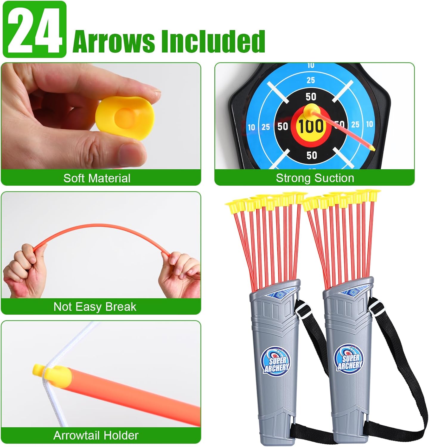 2 Pack Bow and Arrow Toy : Sports Toys for 5 6 7 8 9 10 11 12 Year Old Boys | with 24 Suction Cup Arrows, 1 Standing Target, 6 Score Targets & 2 Quiver | Indoor Outdoor Sport Gifts for Ages 4-8 8-12
