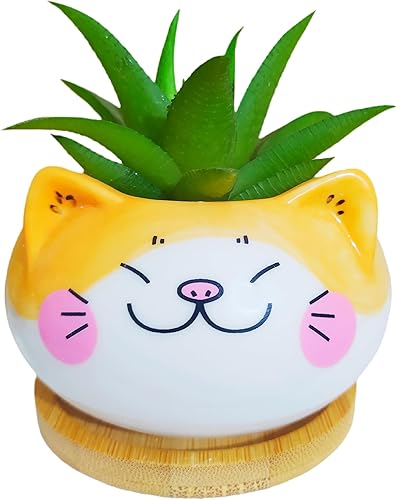 Juego de 6 macetas de cerámica con forma de gato de dibujos animados para interiores con bandeja de bambú, planta no incluida (3.5 pulgadas)