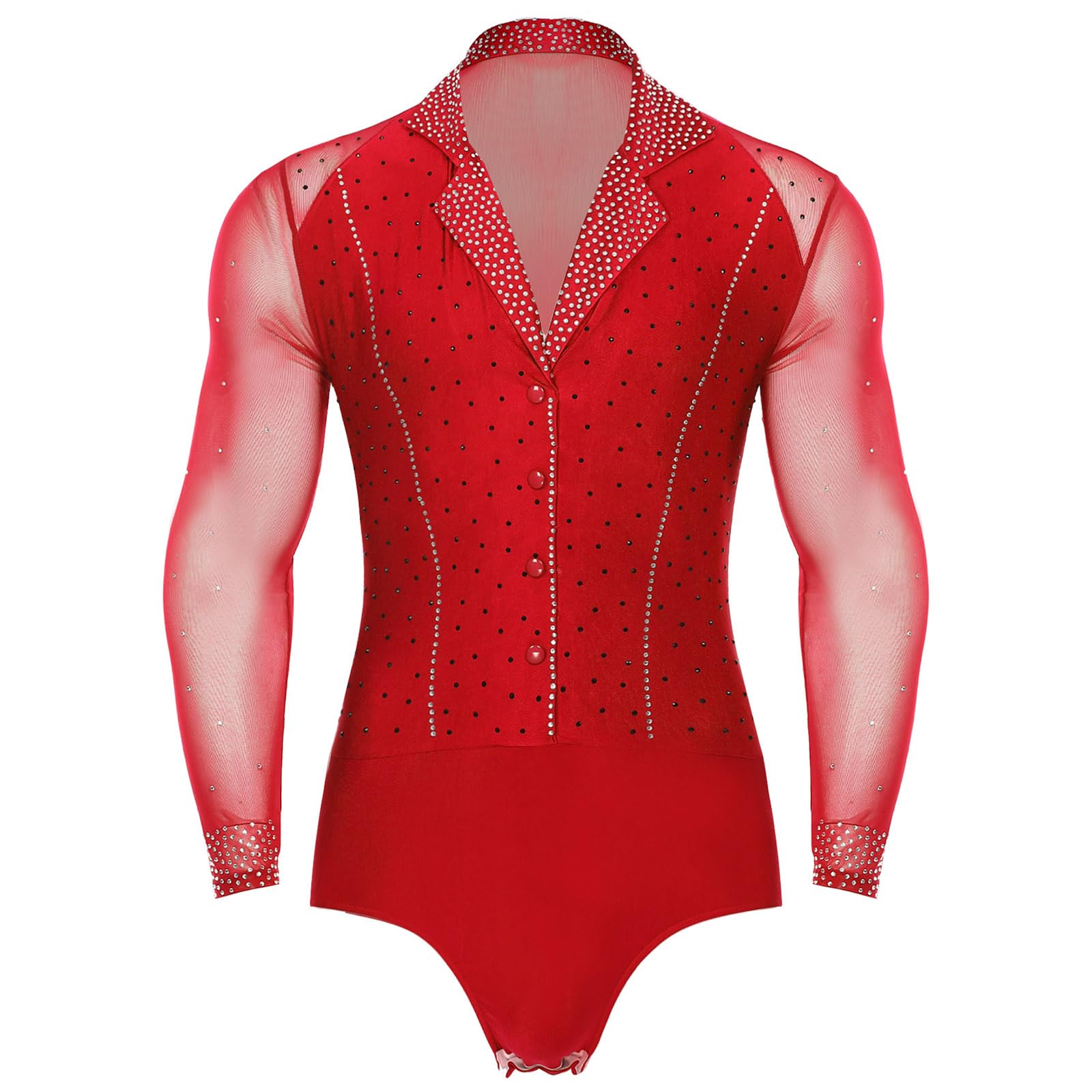 Zrhwspd Men's Red Latin Dancewear Rhinestone V Neck Dance Shirts Unitard Ballroom Modern Latin Tango Rumba Chacha Long Sleeve Leotard Bodysuit Dancewear(,L)