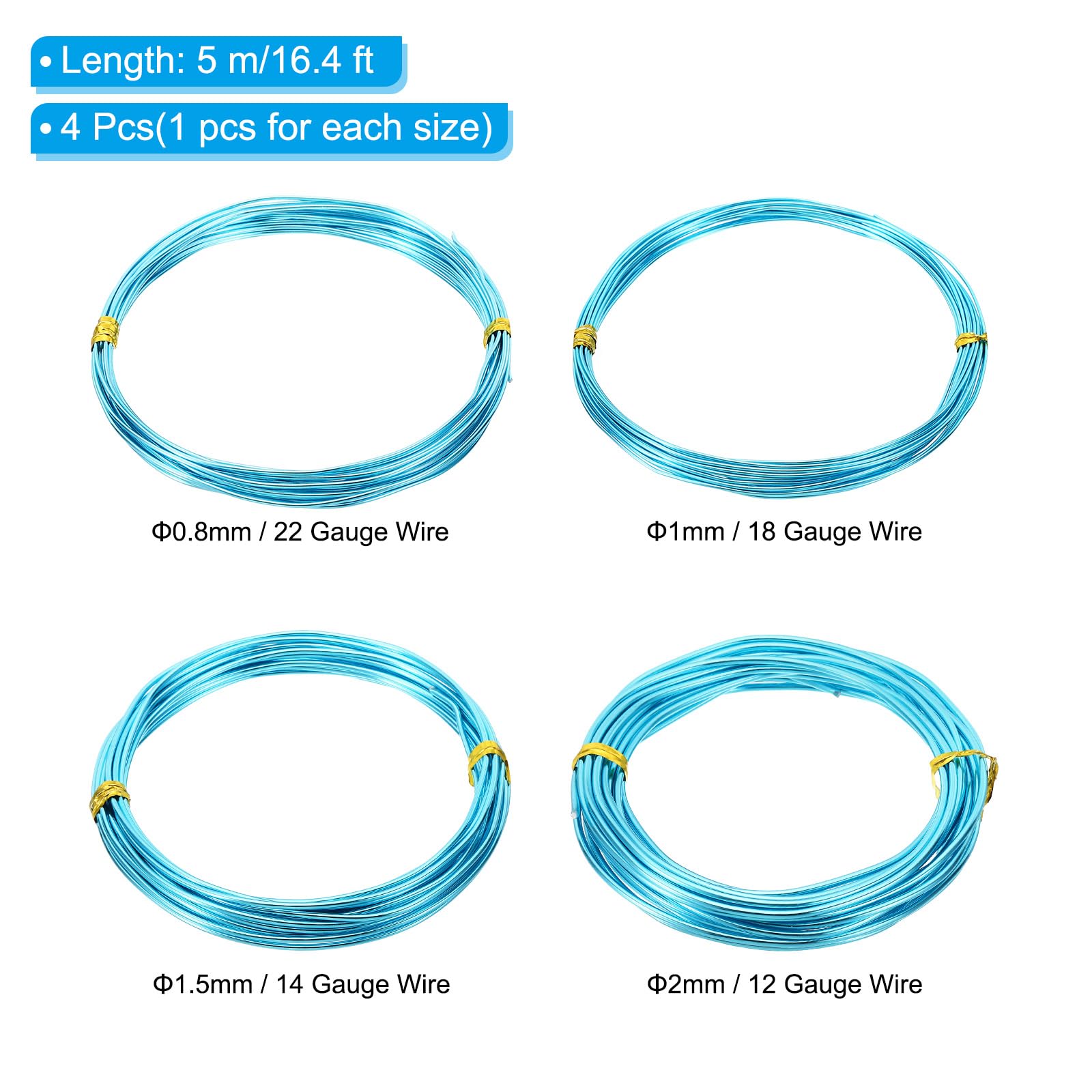 PATIKIL Aluminum Jewelry Wire, 4pcs Bonsai Wire, 5m/16.4ft, 0.8mm-2mm, Blue, 0.8/1/1.5/2mm - Image 2