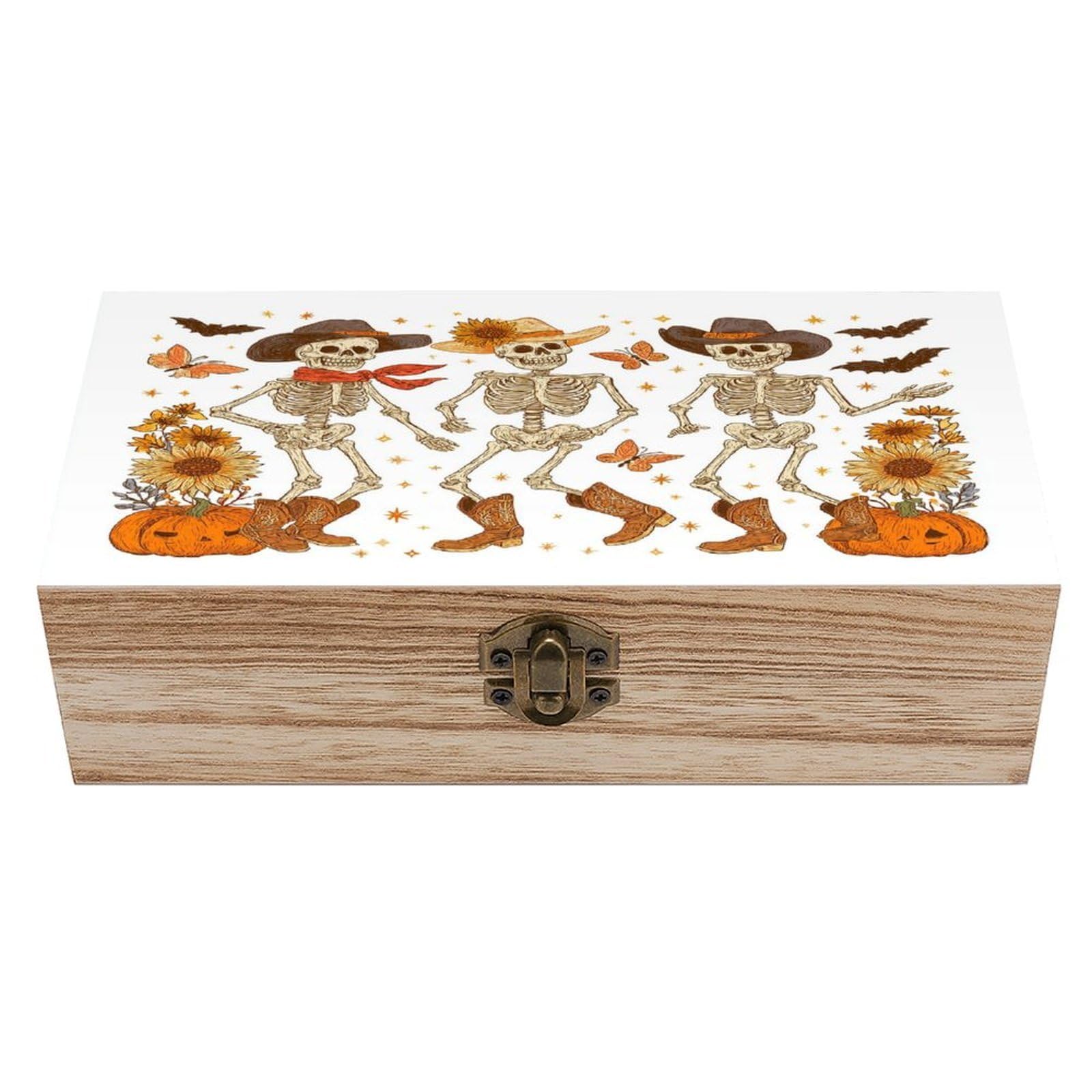 Halloween Dancing Skeleton Cowboy Hats Wooden Storage Box with Hinged Lid