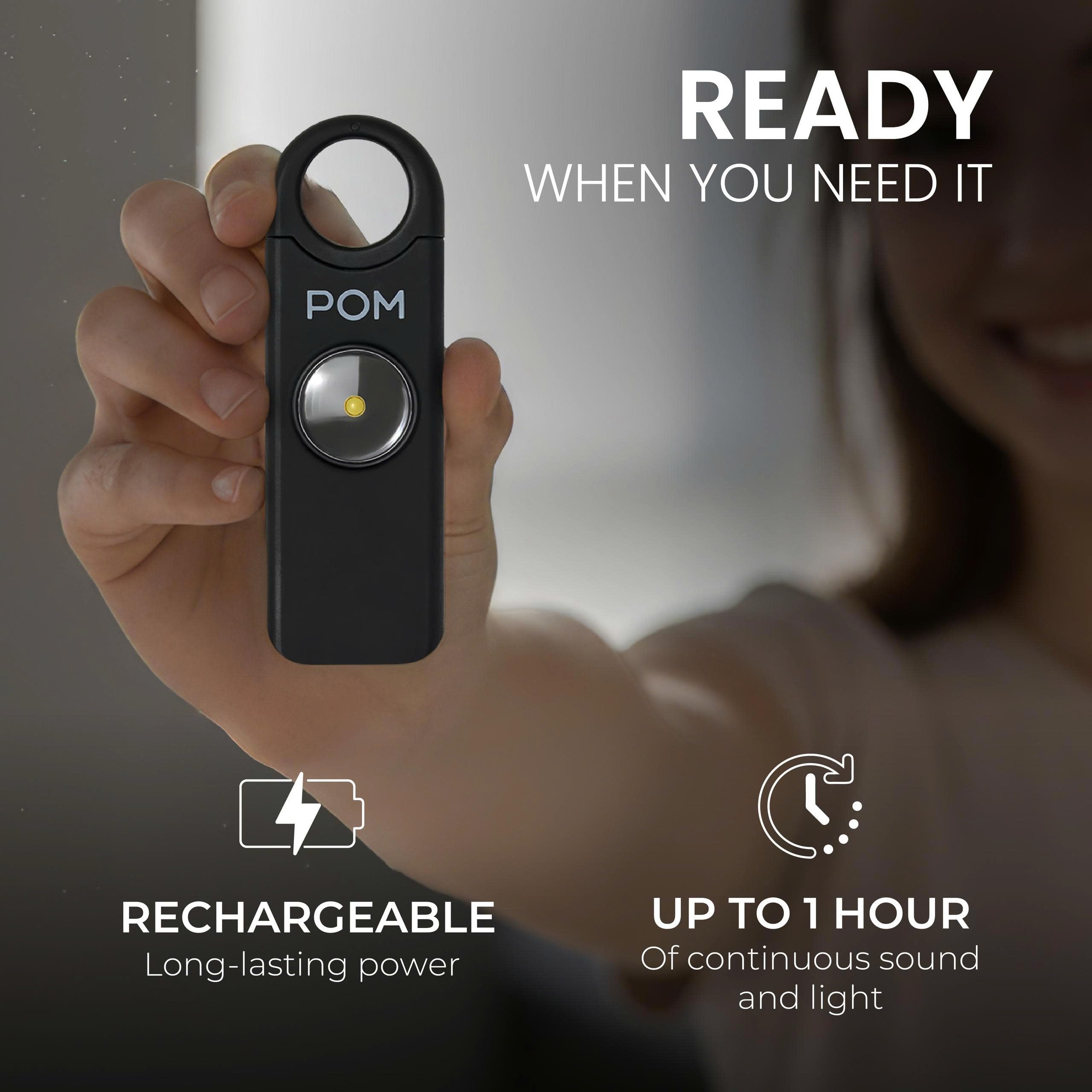 POM Allarme di sicurezza personale da donna, sirena di emergenza forte da 130 dB, ricaricabile con USB-C con torcia LED luminosa, design portatile portachiavi per autodifesa, borsa, zaino e viaggio