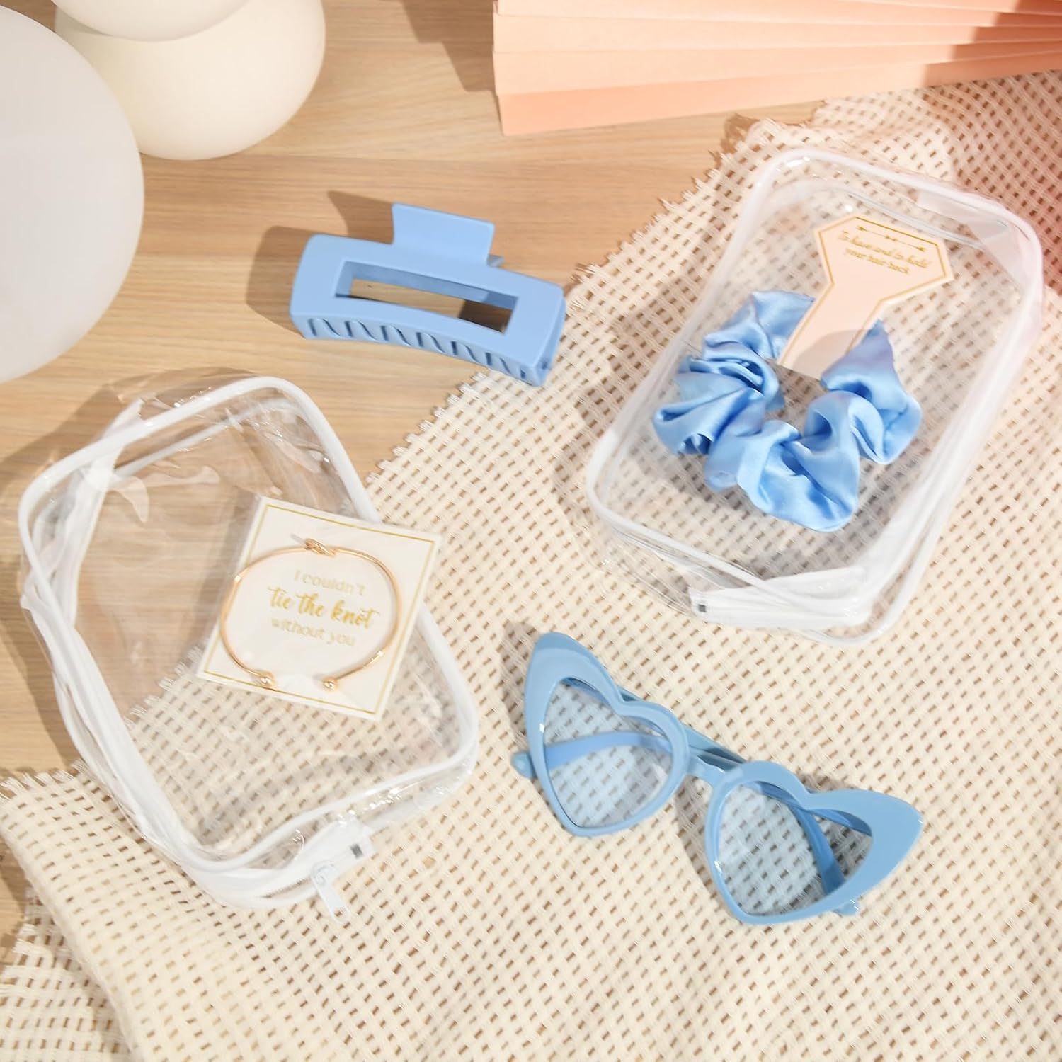 DEEKA 30 Pcs Bridesmaid Proposal Bag Set Gift Clear Makeup Toiletry Bag Bachelorette Party Favors Sunglasses Hair Claw Clips Scrunchies Knot Bracelets Bridal Wedding Party Gifts (Blue)