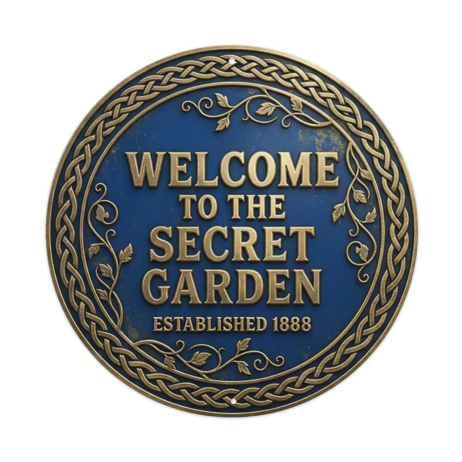 Vintage Welcome Secret Garden Brass Cobalt Textured Metal Tin Sign