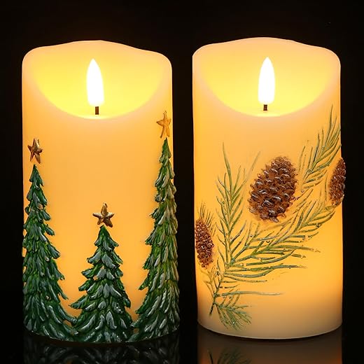 GenSwin Christmas Flameless Candles with 6H Timer, Hand Painted Embossed Pinecone and Christmas Trees Patterns with 3D Flame, LED Christmas Candles Battery Operated for Home Decor(Set of 2, D3”x5.7”)