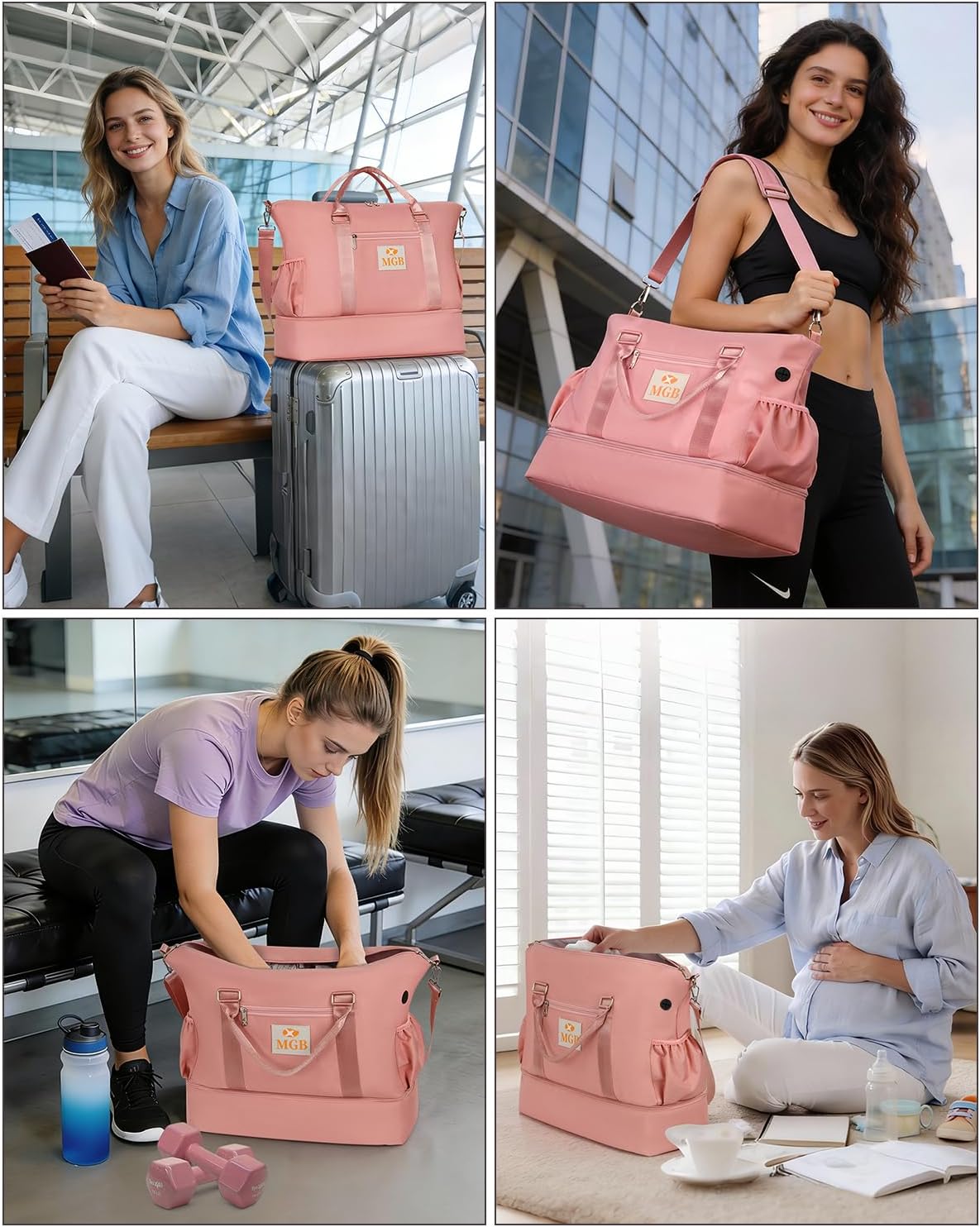 Weekender Bags for Women Travel, Carry On Personal Item Duffle Bag, Water Resistant Gym Bag with Toiletry Bag, Shoe Compartment & Wet Pocket, Pink-Large