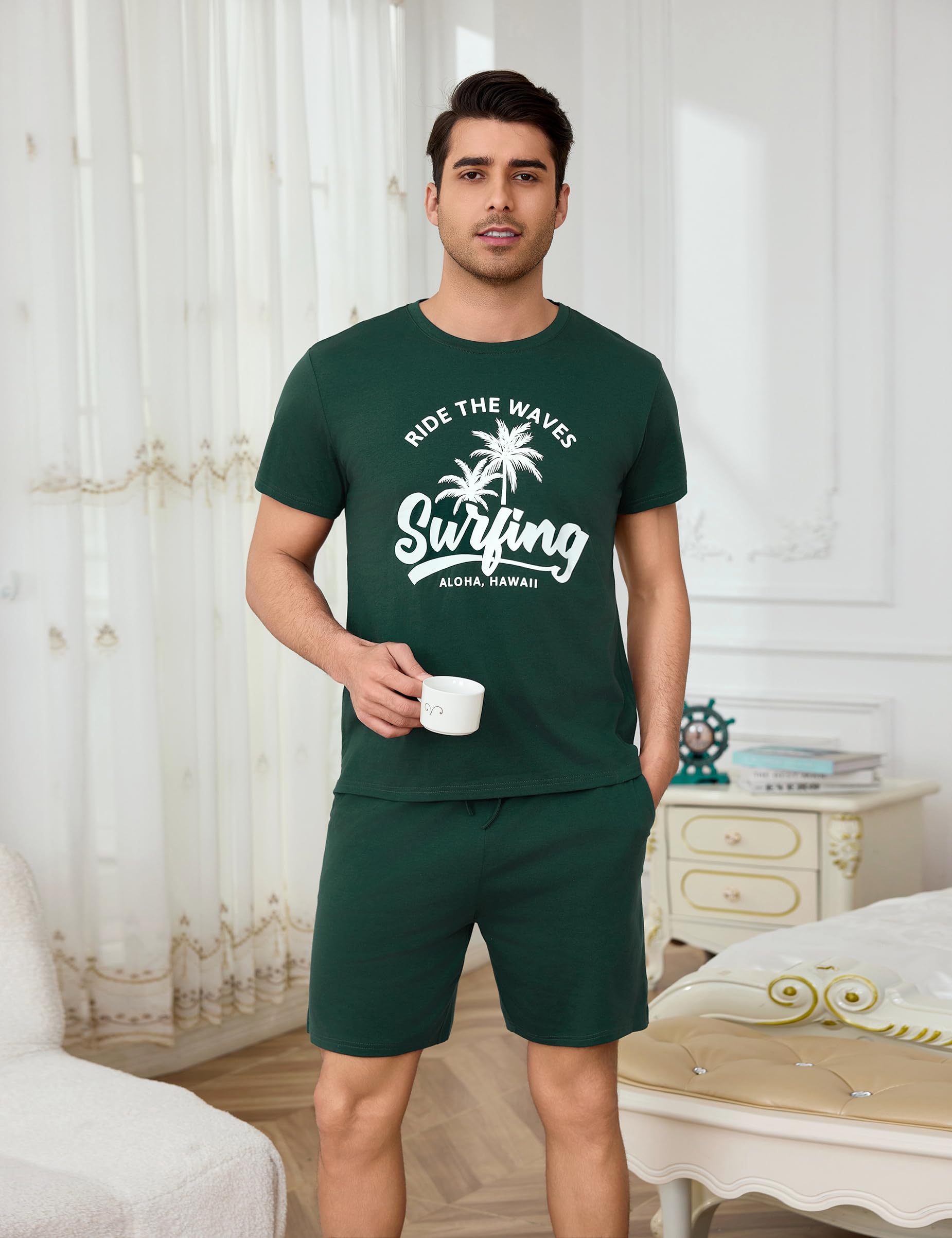 Bresdk Pigiama Uomo Estivo Corto Collo Rotondo Abbigliamento da Casa Pigiami Cotone Leggero Stampa a Lettere Camicia Maniche Corte con Pantaloncini 2 Pezzi