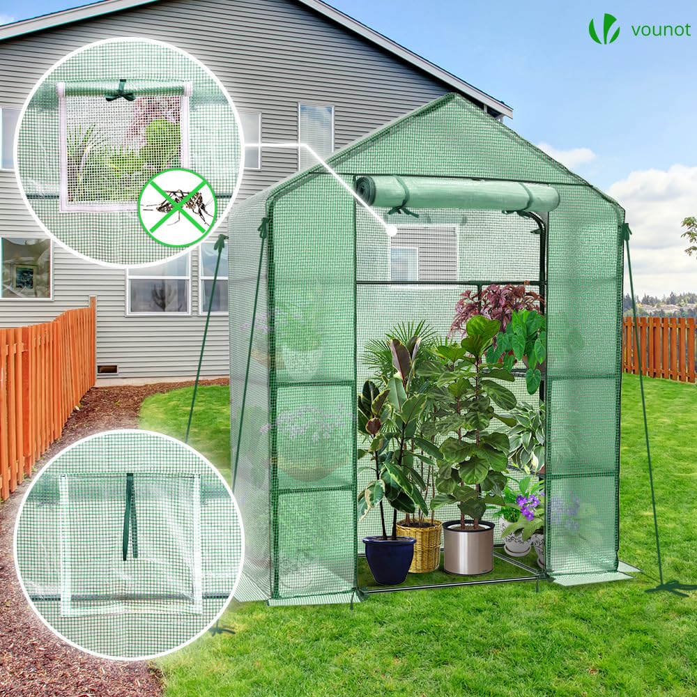 VOUNOT® Invernadero de Jardín 143x73x195 cm Vivero Casero Plantas Cultivo con Puerta Enrollable y Ventana, Invernadero Huerto Caseta de Jardín 4 Estantes para Plantas Macetas Flores, Verde