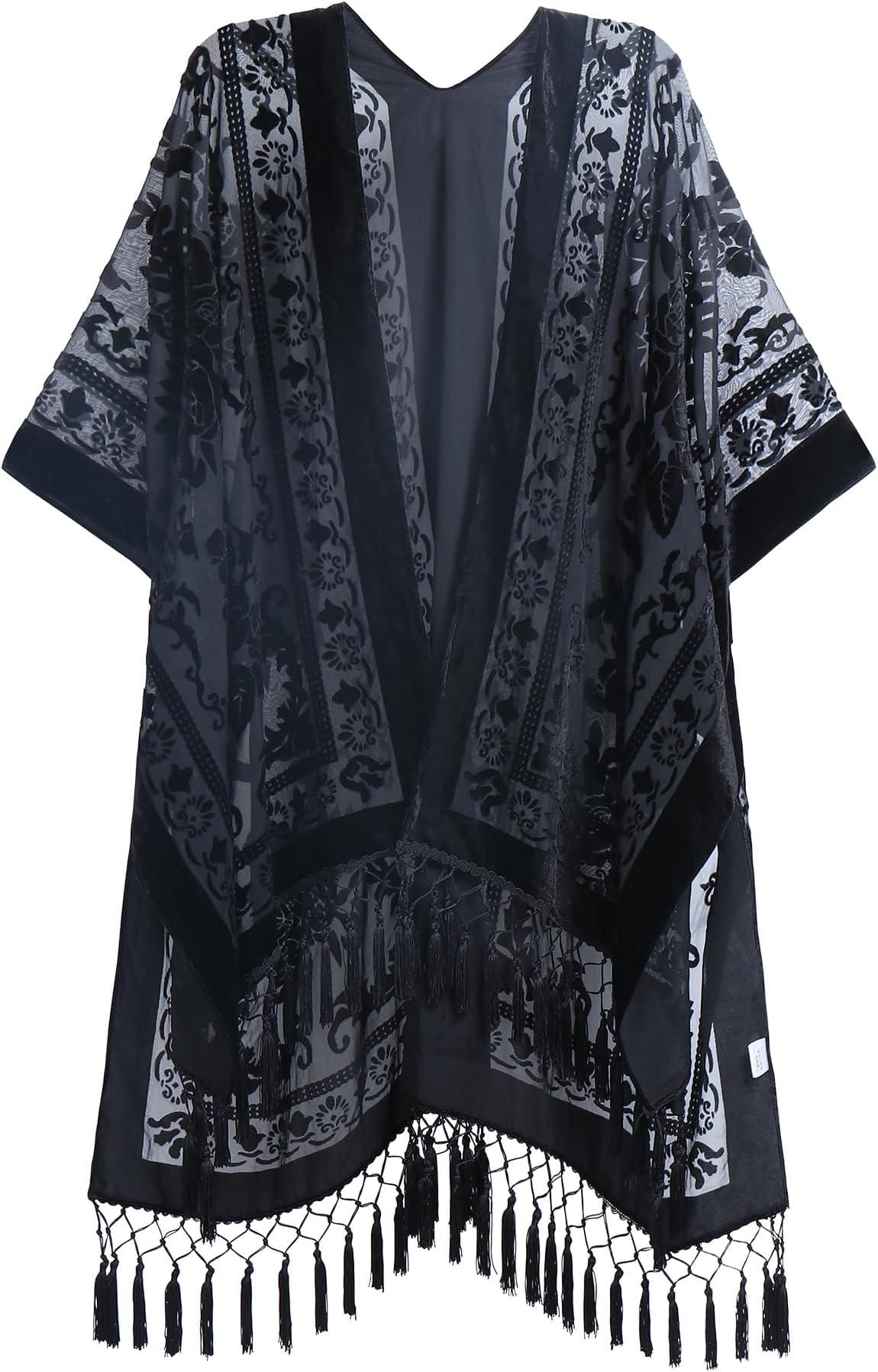 Women's Burnout Velvet Kimono Long Cardigan Cover Up With Tassel