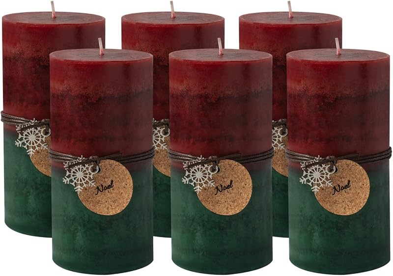 Royal Imports 3" x 6" Pillar Candles for Christmas Holiday Décor, Wedding & Home Decoration, Unscented, Dripless & Smokeless, Set of 6, Red Green Ombre Wax