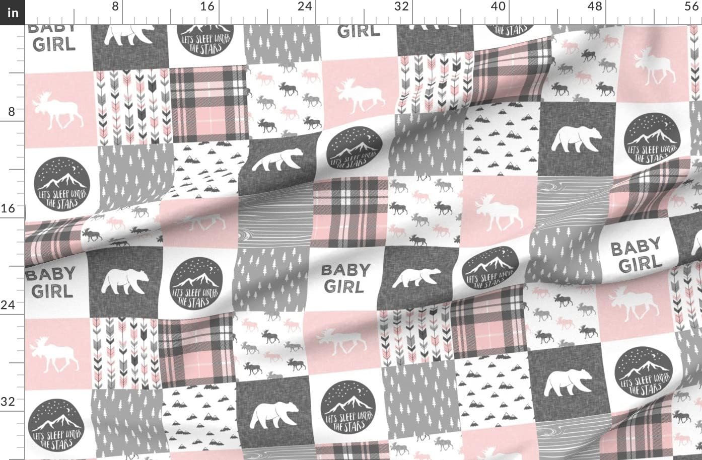 Spoonflower Fabric - Baby Girl Outdoors Adventure Camping Pink Grey Quilt Topper Wholecloth Printed on Organic Cotton Sateen Fabric by The Yard - Sewing Quilting Apparel Home Decor