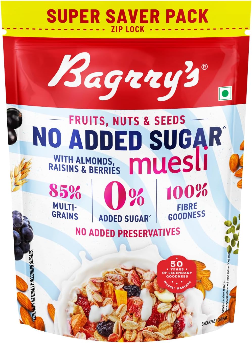Bagrry’s No Added Sugar Muesli with Fruits, Nuts & Seeds – 700g | High Fibre & Protein | 0% Added Sugar, No Corn Flakes | Whole Grain Breakfast Cereal with Almonds, Raisins, Pumpkin Seeds & Berries | No Sugar infused Berries | Supports Weight Management & Heart Health