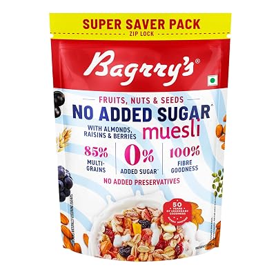 Bagrry’s No Added Sugar Muesli with Fruits, Nuts & Seeds – 700g | High Fibre & Protein | 0% Added Sugar, No Corn Flakes 
