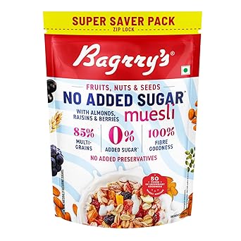 Bagrry’s No Added Sugar Muesli with Fruits, Nuts & Seeds – 700g | High Fibre & Protein | 0% Added Sugar, No Corn Flakes | Whole Grain Breakfast Cereal with Almonds, Raisins, Pumpkin Seeds & Berries | No Sugar infused Berries | Supports Weight Management & Heart Health - image, photos
