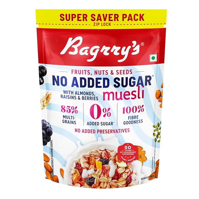 Bagrry’s No Added Sugar Muesli with Fruits, Nuts & Seeds – 700g | High Fibre & Protein | 0% Added Sugar, No Corn Flakes | Whole Grain Breakfast Cereal with Almonds, Raisins, Pumpkin Seeds & Berries | No Sugar infused Berries | Supports Weight Management & Heart Health