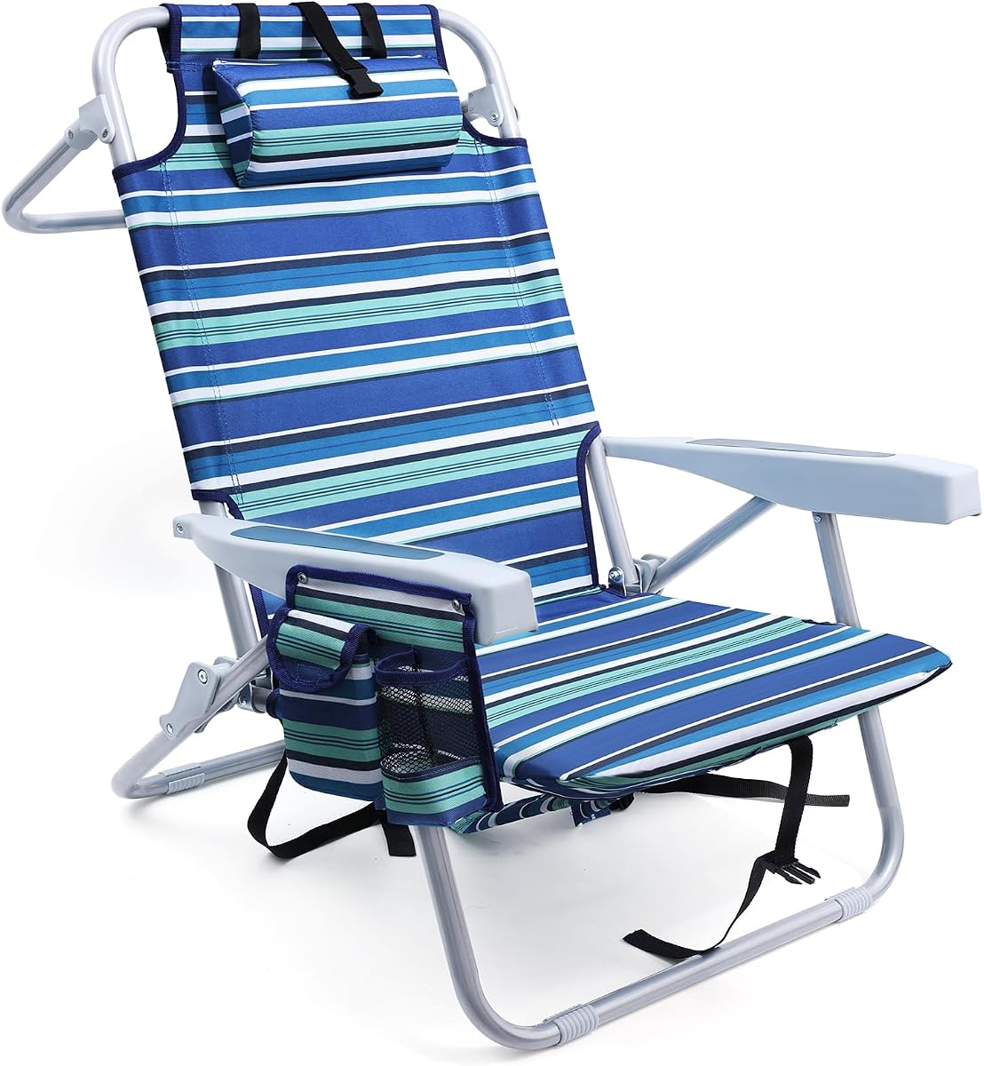 Beach Chairs for Adults Heavy Duty, Compact Portable Lay Flat Folding Chair with Backpack Straps and Large Cooler Pouch, Support to 350LBS (Stripes_Blue&Cyan)