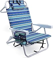 Yestomo Heavy Duty Beach Chair for Adults: 350lbs Lay Flat Folding with Backpack Straps, Cooler Pouch & Cup Holder - Stripes Blue/Cyan