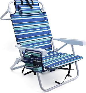Yestomo Heavy Duty Beach Chair for Adults - 350lbs Portable Folding Lay Flat with Backpack Straps, Cooler Pouch, Cup Holder - Stripes Blue & Cyan