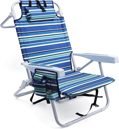 Beach Chairs for Adults Heavy Duty, Compact Portable Lay Flat Folding Beach Chair with Backpack Straps and Large Cooler Pouch, Support to 350LBS