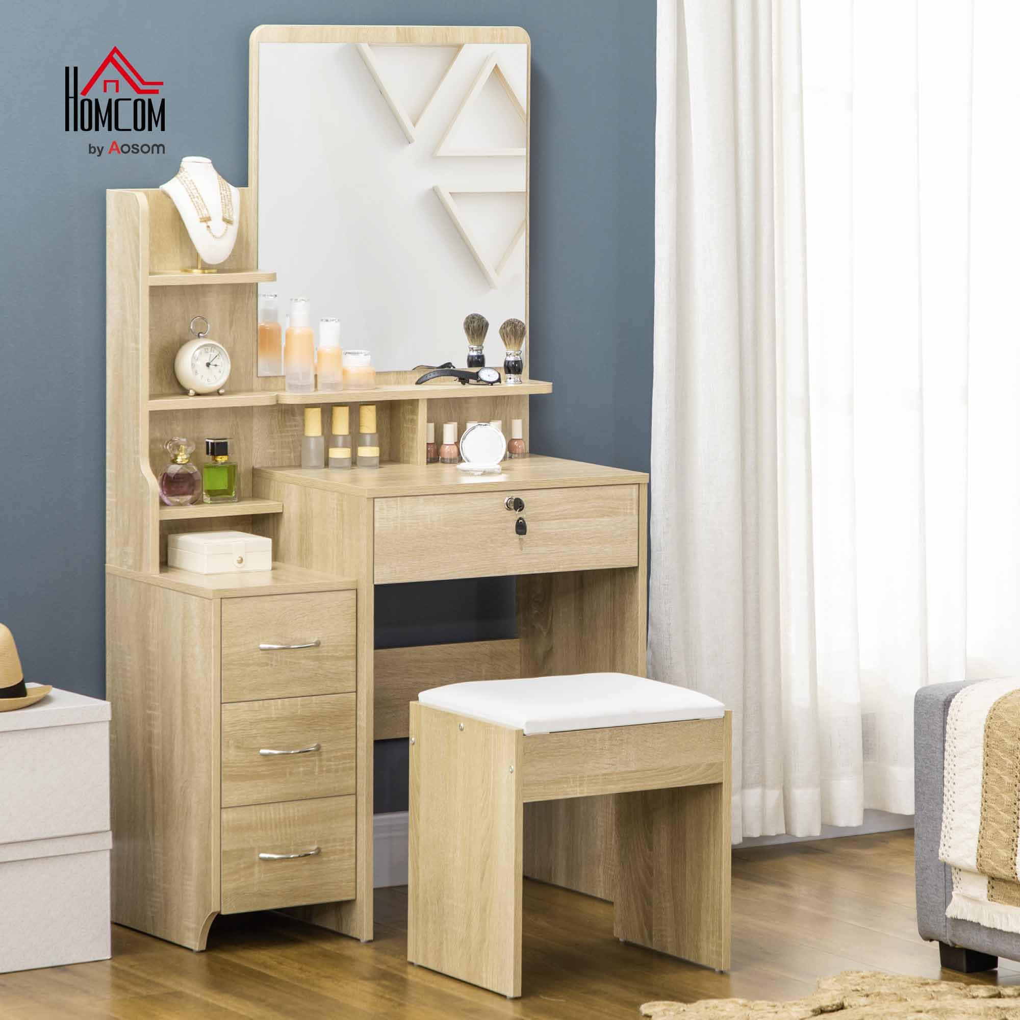 HOMCOM Tocador de Maquillaje con Taburete, Tocador con Espejo, 4 Cajones, Estantes, Compartimentos Abiertos, Estilo Moderno, para Dormitorio, Vestidor, 80x38x143 cm, Natural
