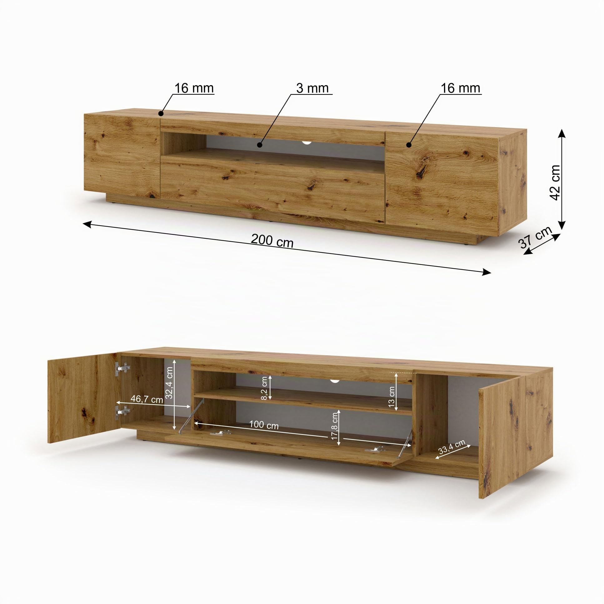 Aura Armario bajo de TV de 200 cm, colgante o de pie, armario universal para TV, aparador armario colgante para equipo de audio HiFi (roble Artisan sin led)