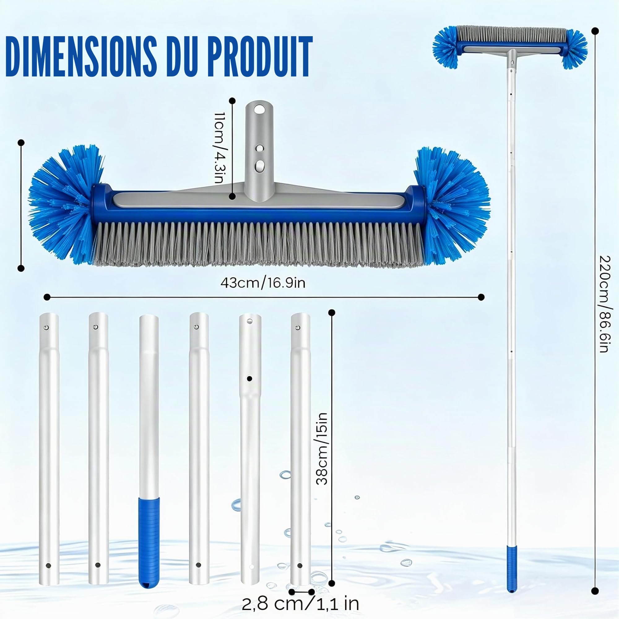 Brosse pour Piscine avec Manche Télescopique 220cm – Balai Nettoyage 43cm, Extrémités Rondes pour Protection – Kit Accessoire Réglable – Idéal Piscine Hors-Sol & Creusée