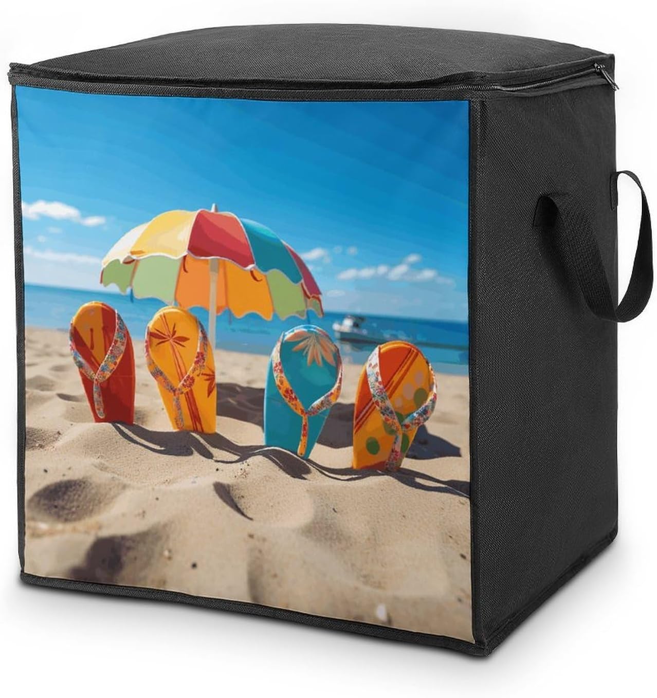 Colorful Flip Flops Beach Ball Storage Bag,Large With Handle Quilt Organizer Portable Zipper Storage Bags Foldable Storages Containers for Wardrobe Clothes Blanket Bedding
