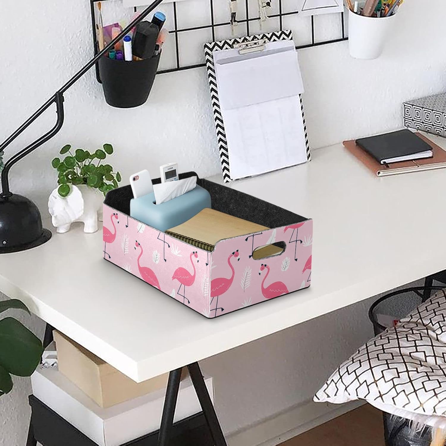 CaTaKu Foldable Storage Basket Flamingo Palm Feather Collapsible Felt Storage Bins with Handle Drawer Organizer Bin Cube Shelf Box for Organizing Closet Clothes Office Books Bedroom
