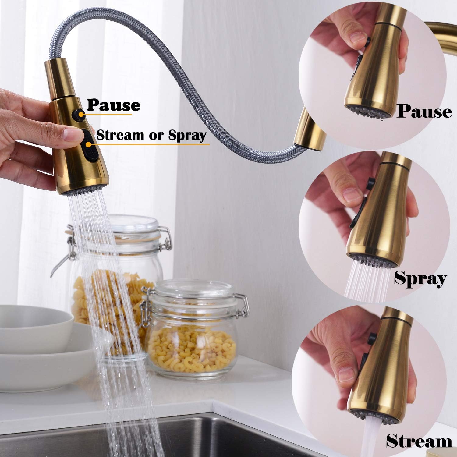 Wееklу Tор Sаlе TRUSTMI Single Handle Kitchen Faucet with Pull Down Sprayer Head, Brushed Brass Pull Out Bar Sink Faucet, 360 Degree Swivel Spout with 3 Setting Sprayer and 10 Inch Deck Plate, Brushed Gold