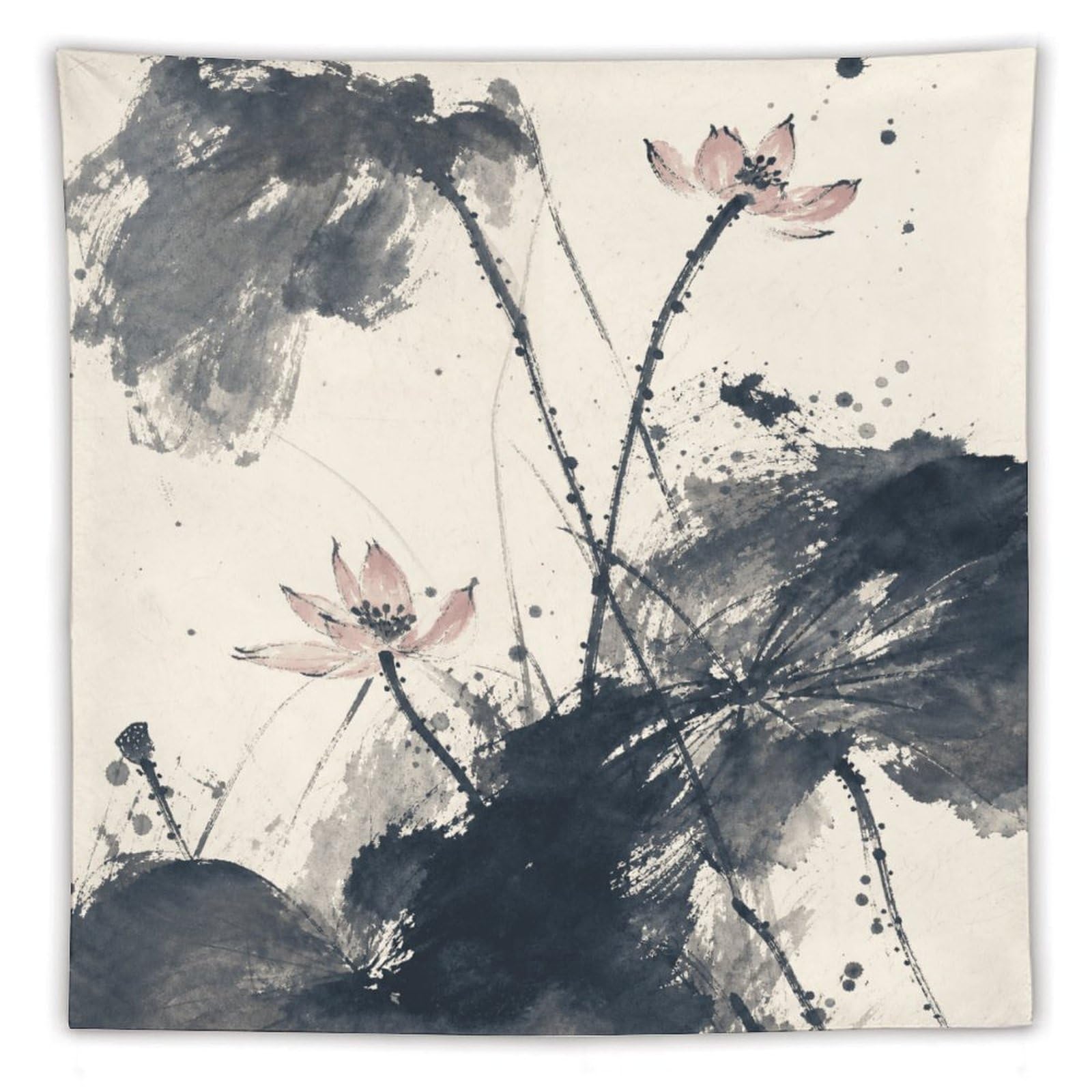 H3B8U2Y5 Ink Lotus and Mountains Wall Tapestry, Asian Ink, Living Room