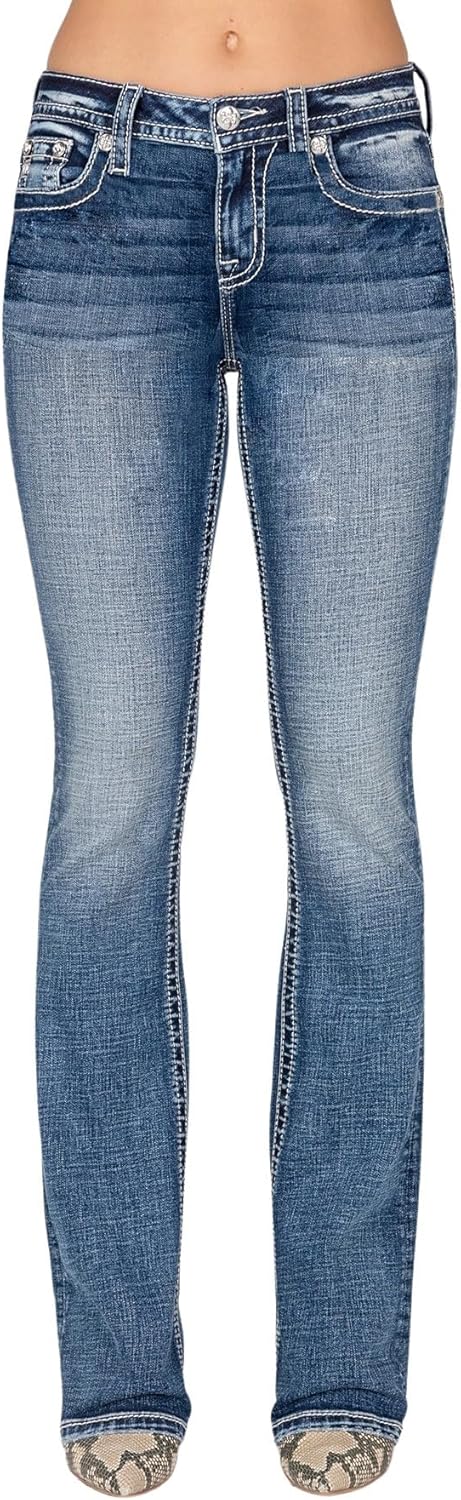 Miss Me Women's Fleur De Lis Abstact Stitch Mid-Rise Bootcut Jeans