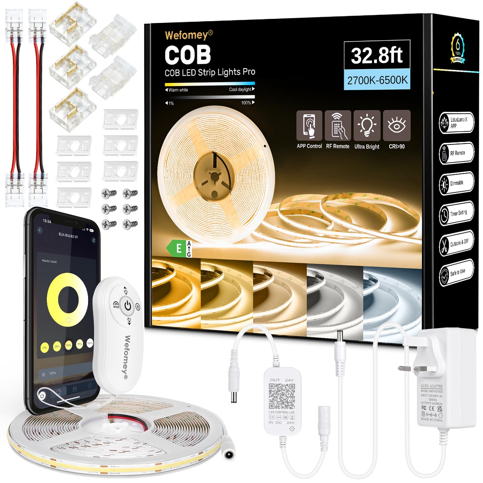 COB LED Strip 10m, Dimmable 2700K-6500K High Bright Dotless LED Tape Light with Remote and APP Control, 6080LEDs, DC24V, CRI>90, 8mm Width, Warm White to Cool White LED Strip Lights for Bedroom