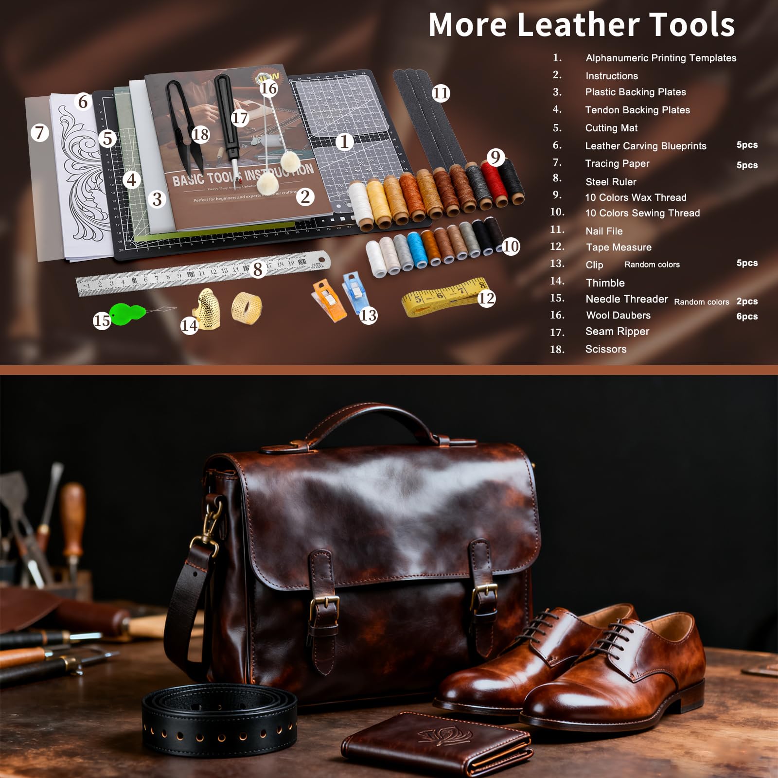 BUTUZE Lederwerkzeuge, Leder-Bastelset mit Leder-Werkzeugständer, Lederarbeitswerkzeug-Set für Erwachsene und Werkzeugbedarf zum Schnitzen, Stempeln, Gravieren, Nähen, Schneiden, Stanzen und Basteln