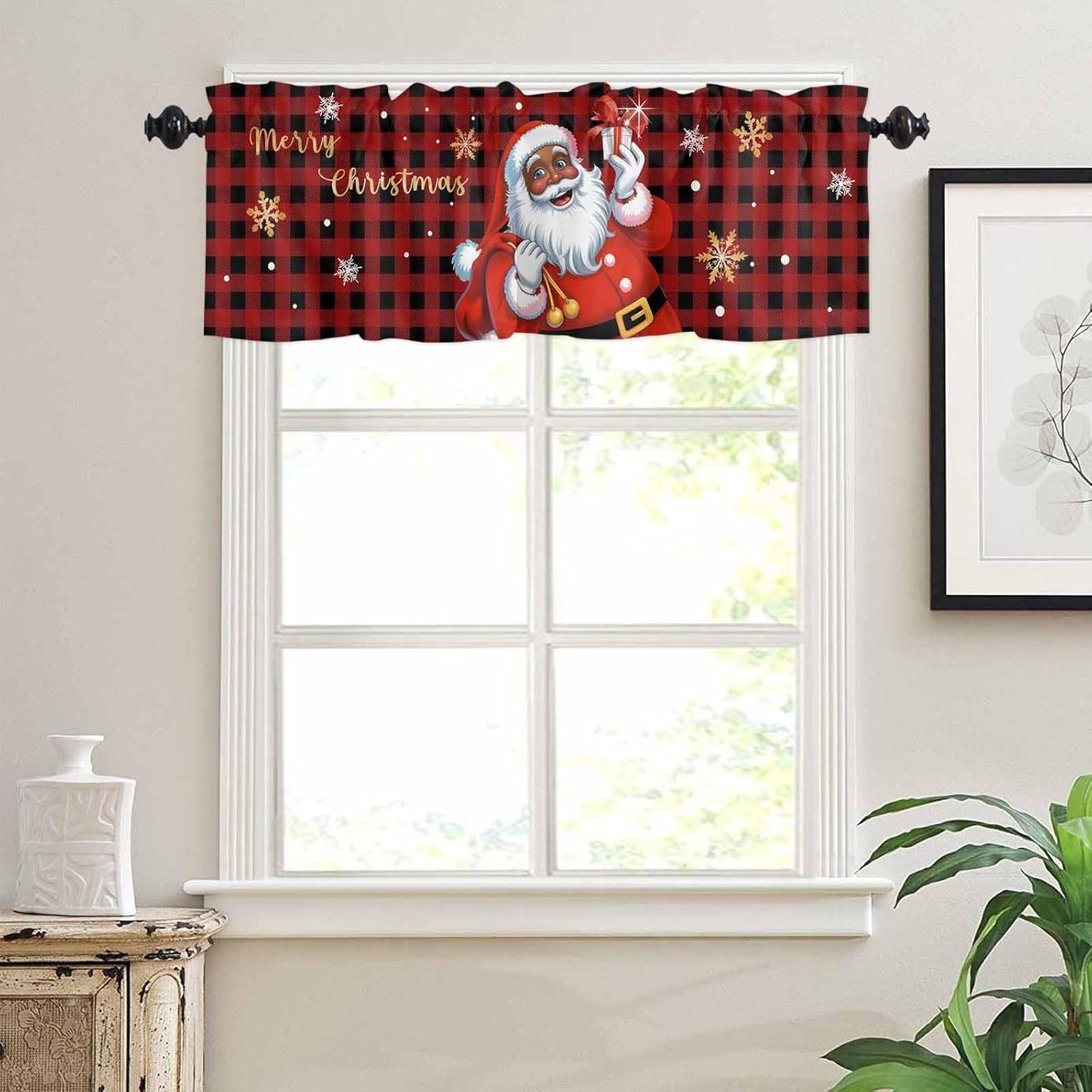 3 Piece Black Santa Claus Merry Christmas Kitchen Curtain Valance and Tiers Set for Living Room, Xmas Snowflake Red Plaid Tier Curtains Rod Pocket Short Window Curtain Set for Bathroom Cafe 54" x 36"