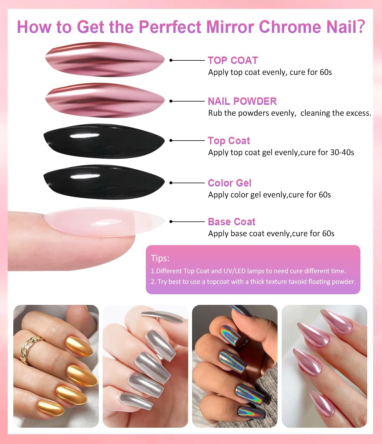 6 chromowanych paznokci w proszku do paznokci, chromowany proszek, metaliczne lustro, holograficzny pigment chromowany, efekt perłowy, puder do manicure i zdobienia paznokci