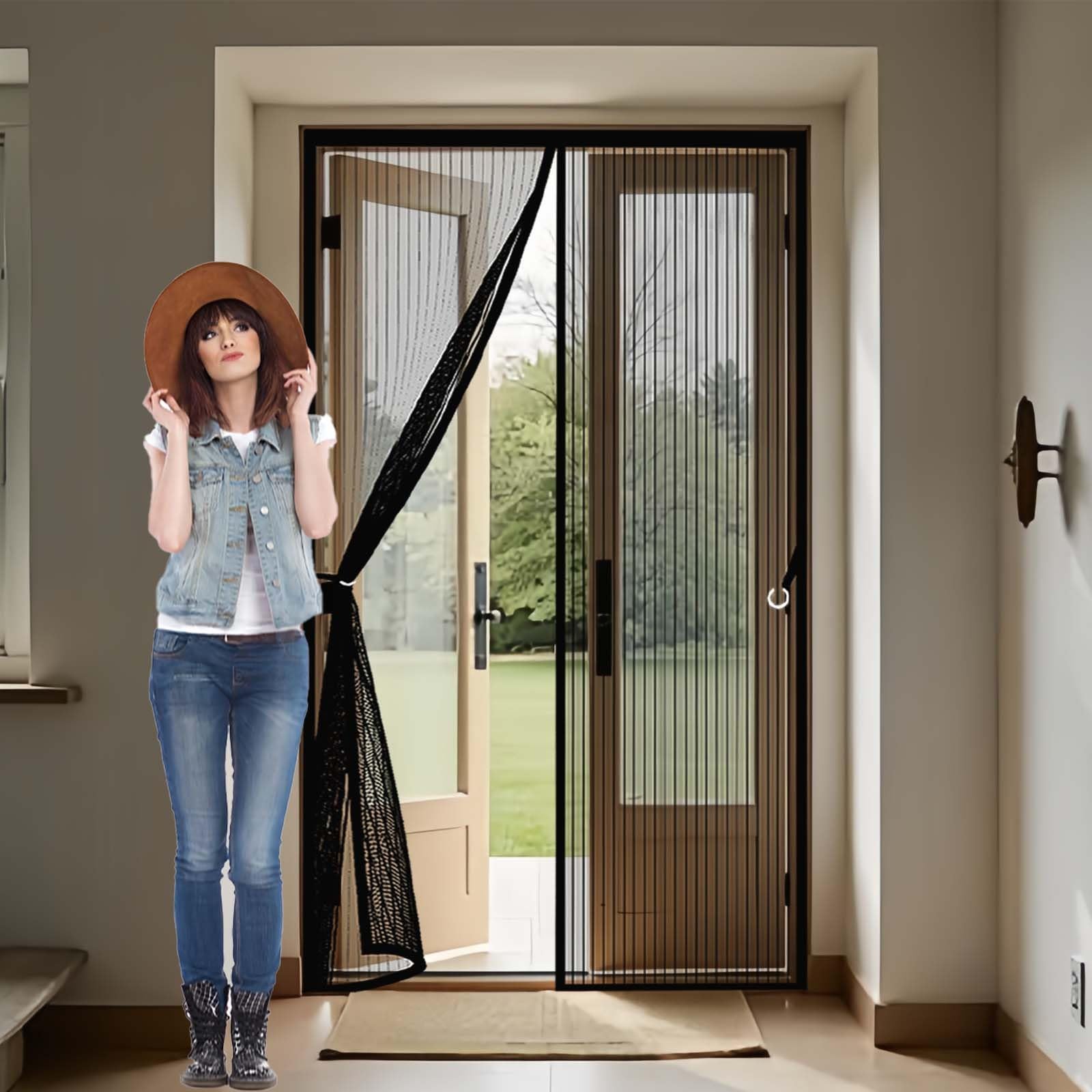 Feijdon Black Magnetic Screen Door 130X195cm(Widthxhigh) Powerful Magnets And Full Frame Magic Tape, No Drill Installation Heavy Duty Self-Sealing Fly Mesh Lets Fresh Air In, Hundreds Of Sizes,