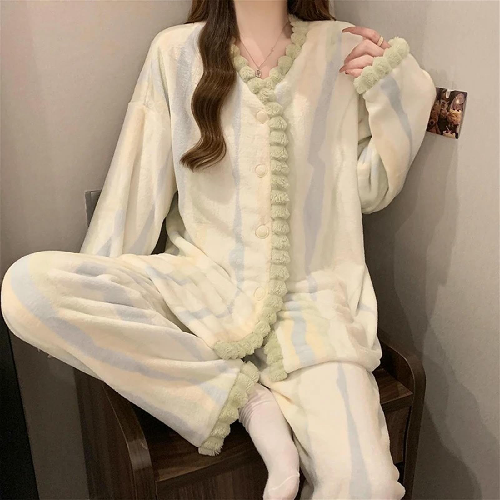 Pigiama da Donna in Pile Corallo, Set di Abbigliamento Casa Caldo E Addensato per L'autunno l'inverno -Verde-l