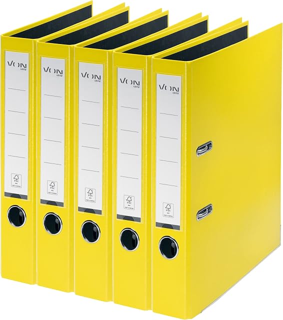 Z 5-pak teczek A4, karton z pokrywą z tworzywa sztucznego, szerokość grzbietu 50 mm, od Leitz, na 350 arkuszy, karton z certyfikatem FSC, do szkoły, gabinetu i domu, żółty, 10561015