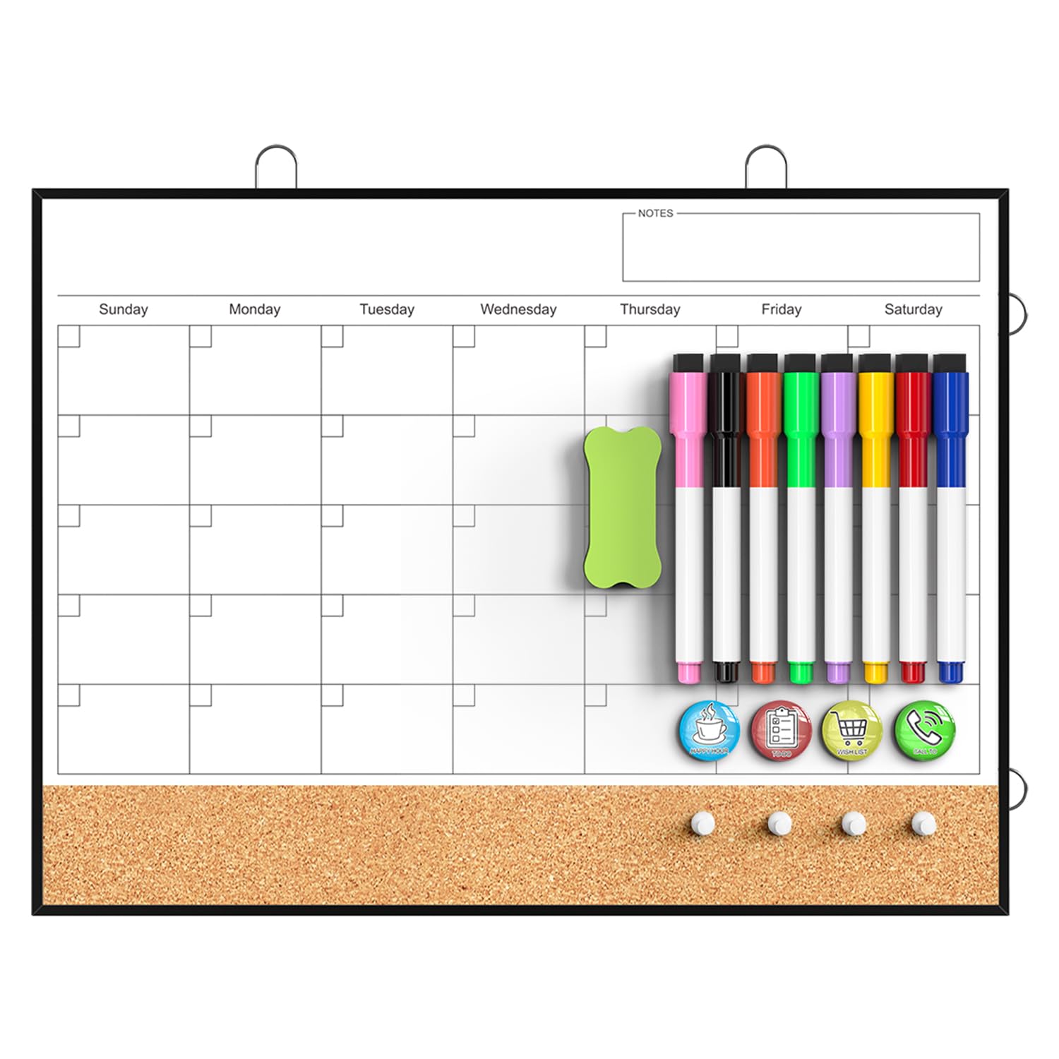 TANKEE Dry Erase Calendar for Wall - 16"X12" Double-Sided Whiteboard Cork Board Como, Small Hanging Magnetic White Board Monthly Calendar for Wall, Home, Office, Kitchen, Planning, School