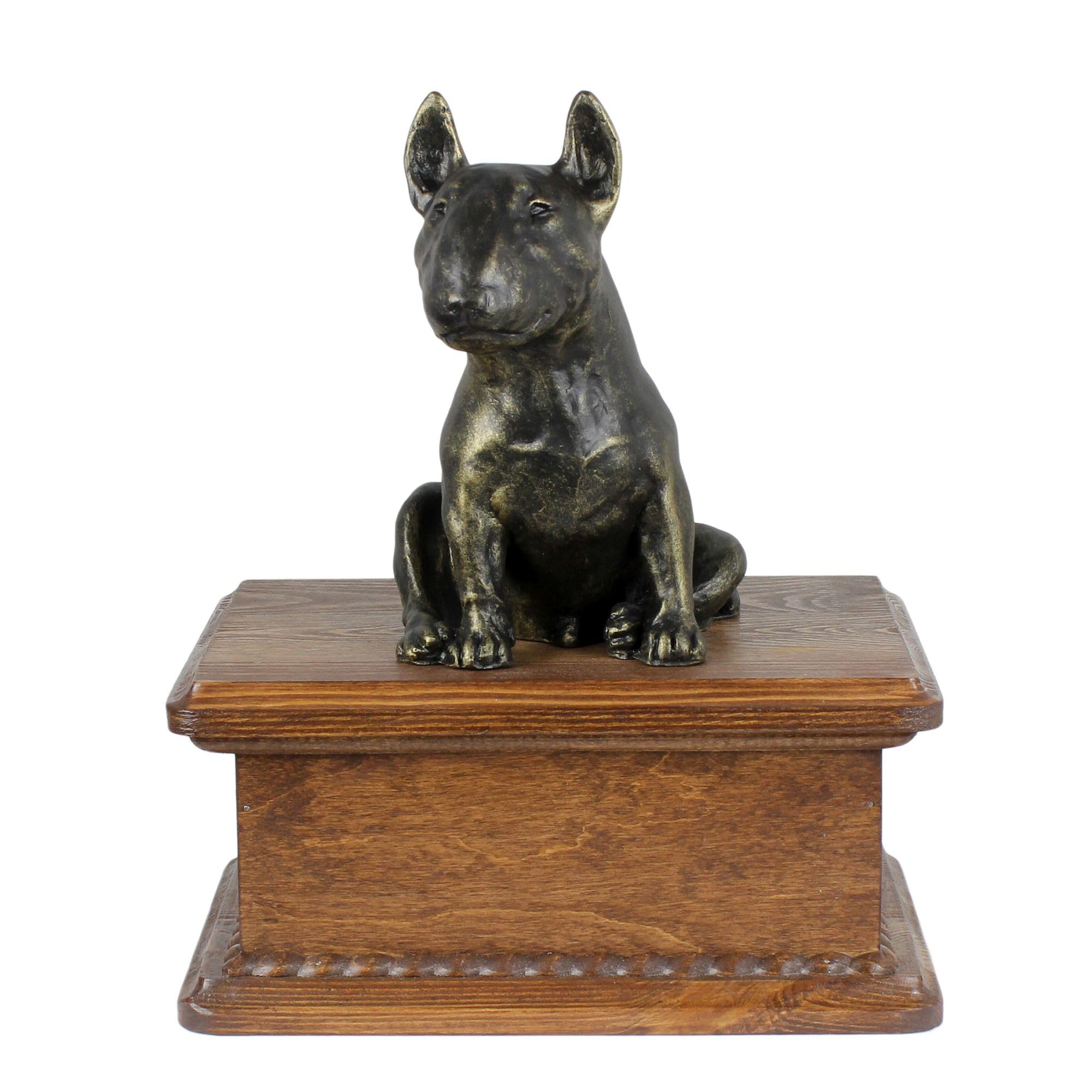 Art-Dog Urn for Dog Ashes - Handmade Memorial with Cold Cast Bronze Statue - Custom Pet Memorial Urn for Pet's Name, Dates, and Sculpture – 8.3x11.4x4.3” – Bull Terrier