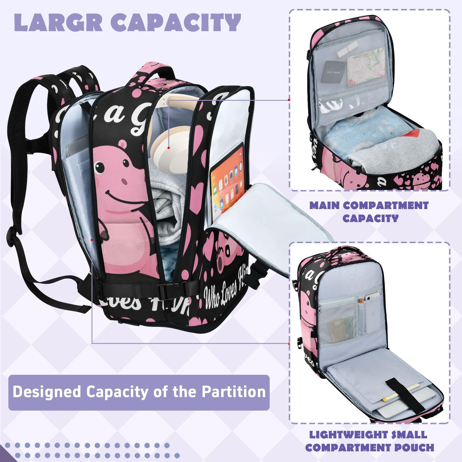 Plecak Torba na laptopa 15-calowa torba na laptopa dla kobiet podróżna 20 l | Wodoodporna lekka torba robocza Just A Girl Who Loves Hippos Women 15-calowa torba na laptopa do samolotów mochila de