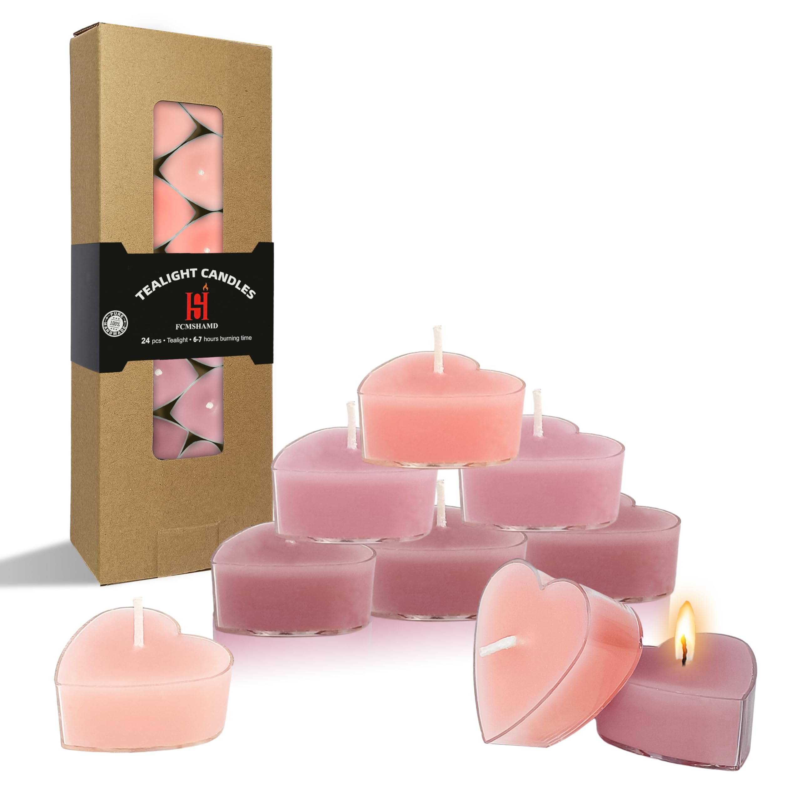 Rose Scented Heart Tealight Candles, Gradient Pink Scent Tea Lights Candles Clear Cup, 24 Pack Colored Tealights Candle, 4 Hour Burn Time Tea Candles for Weddings Romantic Decor