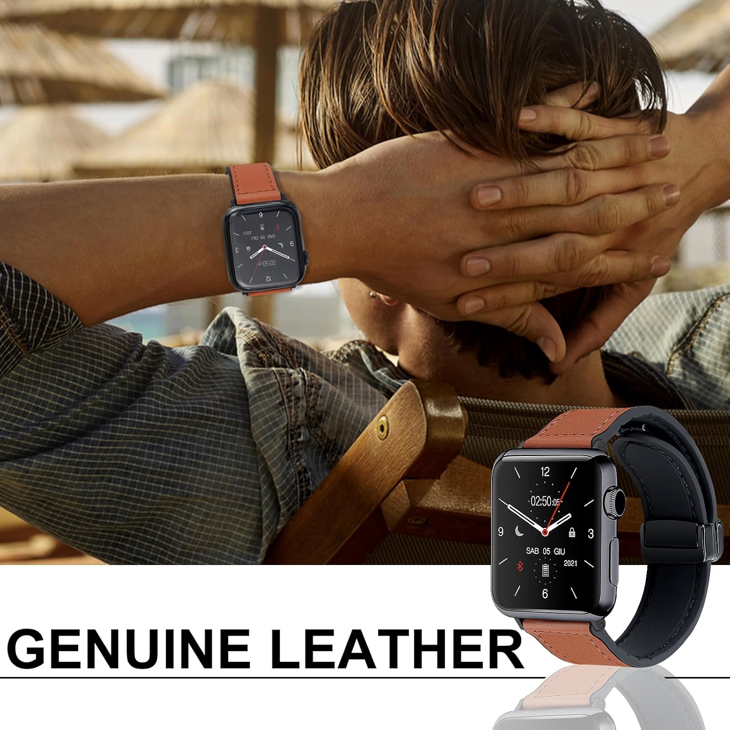 Magnetic Leather Bands Compatible with Apple Watch 49mm 46mm 45mm 44mm 42mm(S3/2/1) for Men Women, Genuine Leather with Magnetic Buckle for iWatch Ultra1/2/3 Series SE11/10/9/8/7/6/5/4/3/2/1 - Image 2