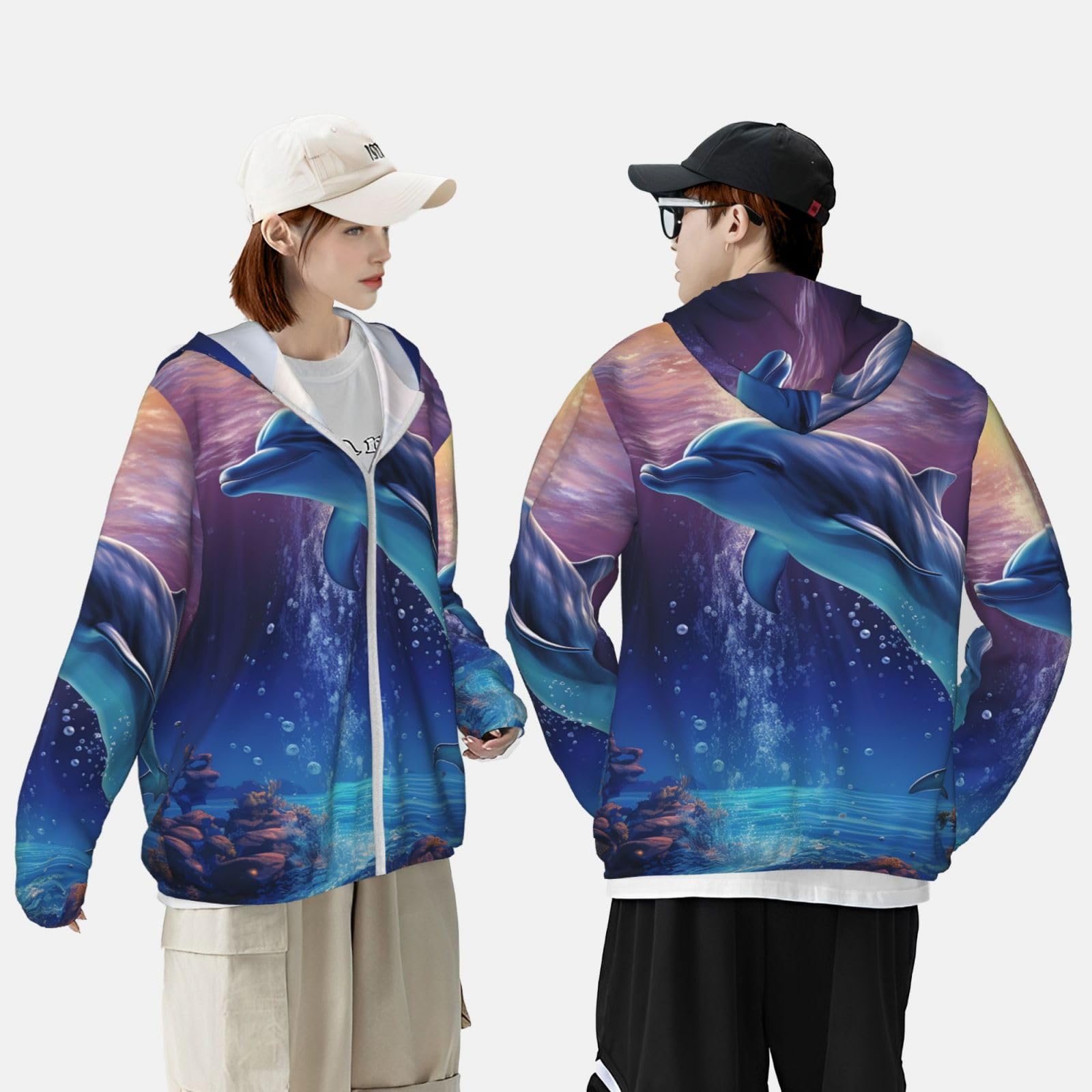 NONHAI Men's Sun Protection Jacket UPF 50+ Full Zipper Long Sleeve UV Hoodie Shirt Ocean Dolphin Women's Outdoor Jacket