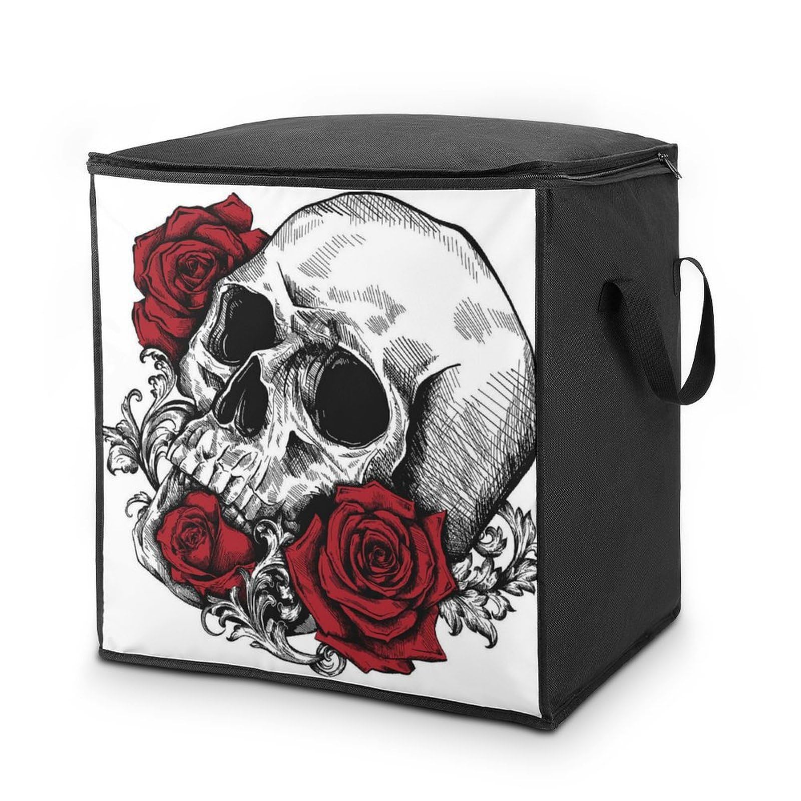 Wlntrophic 70L Storage Bags, Skull with Roses Storage Box with Lid Zipper And Handles, Clothes Bags for Quilt, Blankets, Bedding
