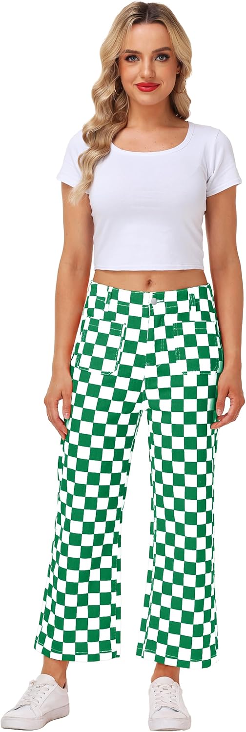 Women Checkered Cropped Jeans Straight Leg Stretchy Denim Pants with Pockets