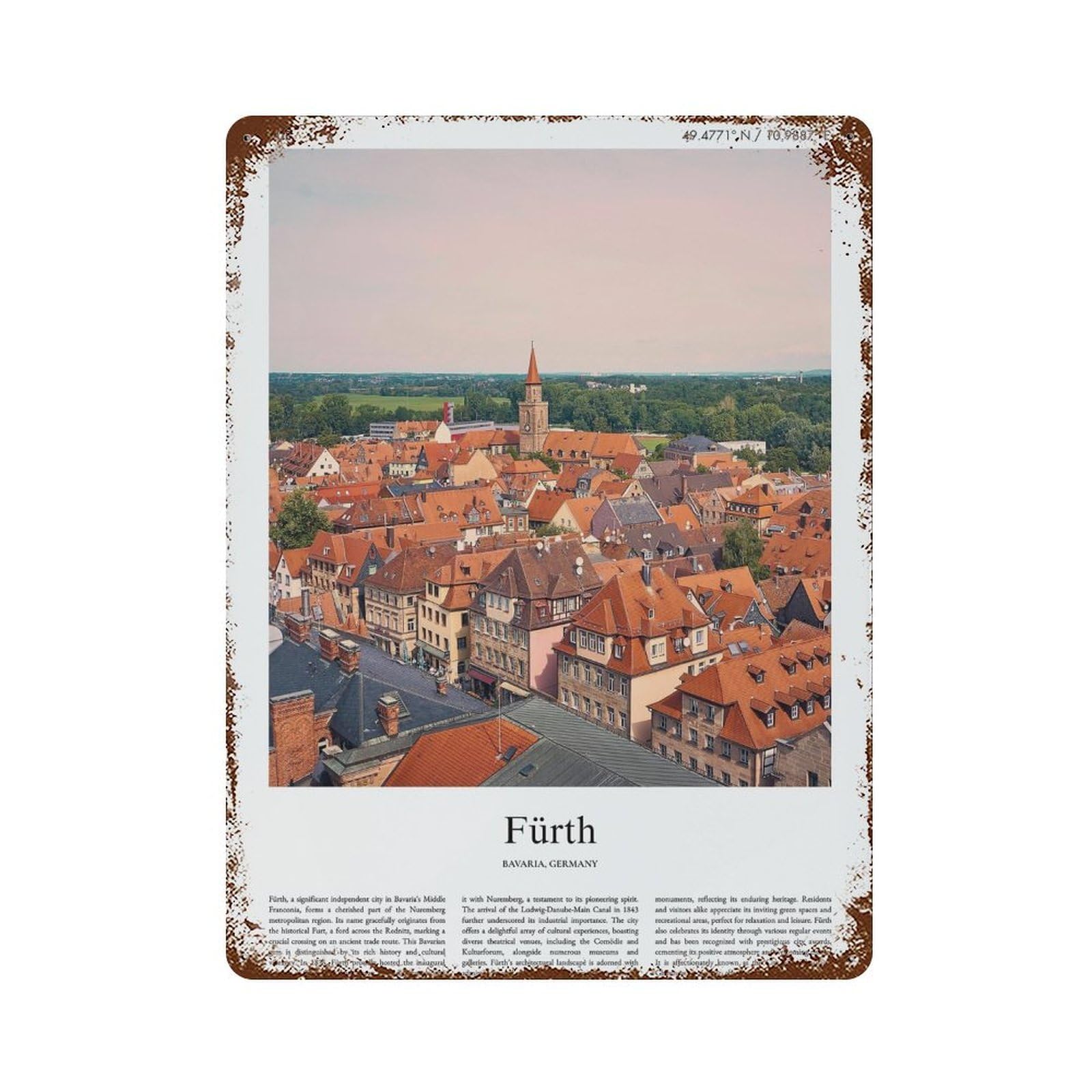 xiaoxiaoshen Fürth Bavaria, Germany City Scenery Wall Decor Art Metal Tin Poster Modern Home Decor Art Home Bar Shop Decorations Vintage Sign 40x30cm